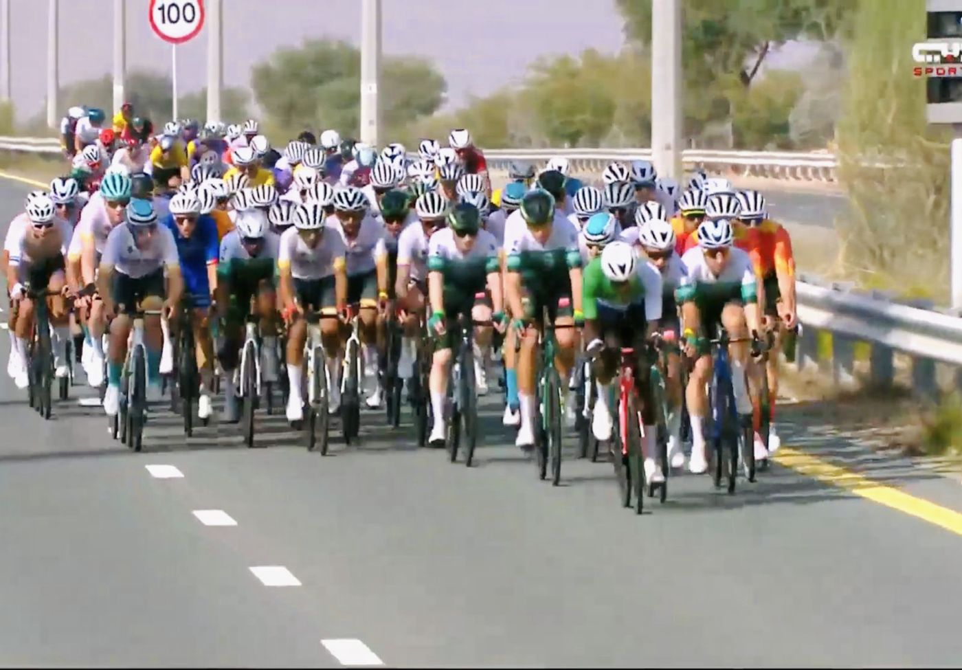 Ibrahim Jalloh leading the peloton in the UAE