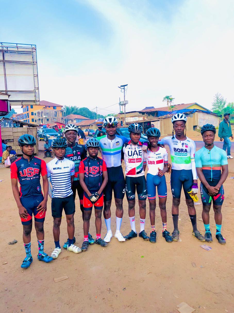 Young cyclists lined up before a race in Sierra Leone
